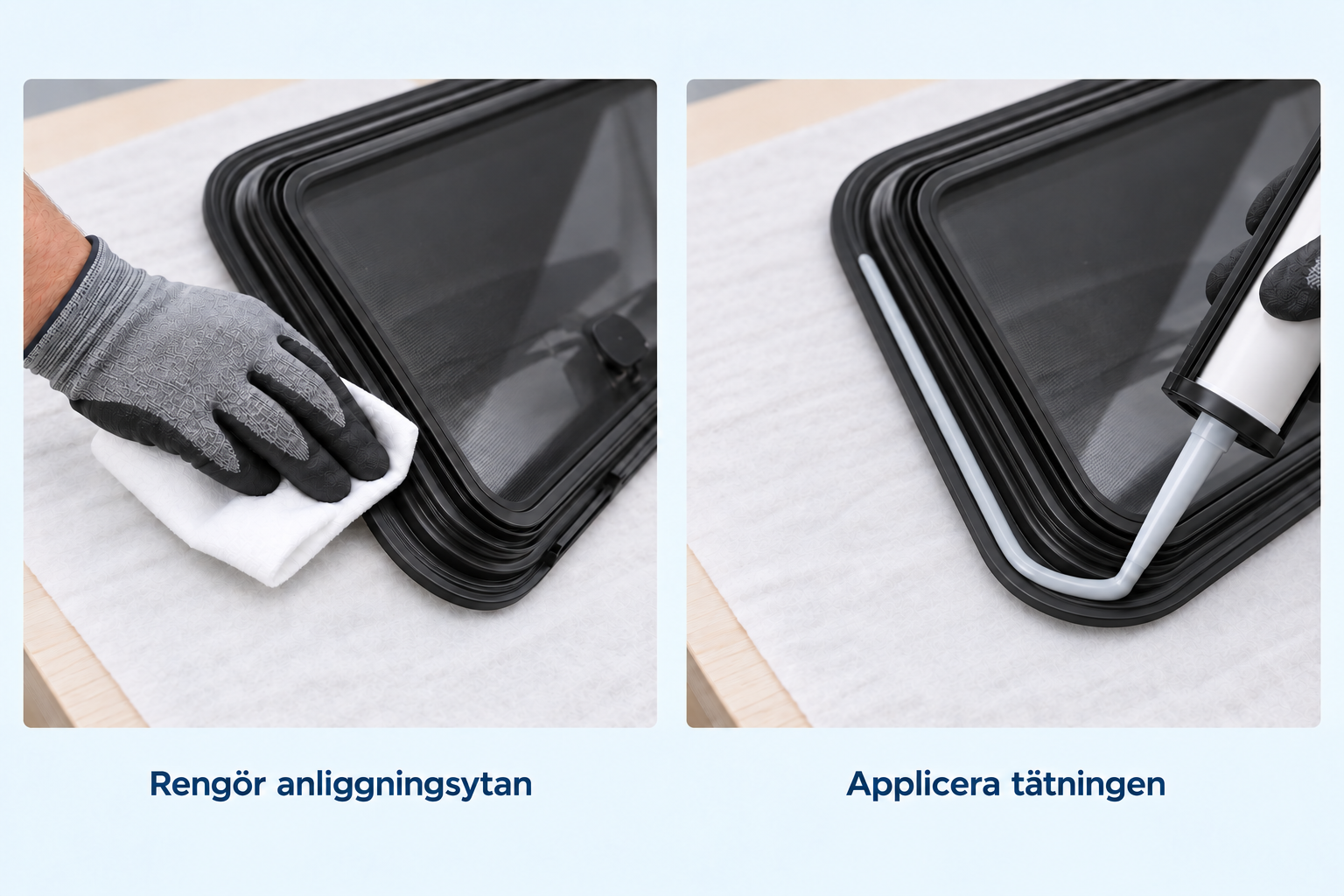Rengör karmens anliggningsyta med en trasa och applicera tätning runt fönsterkarmen.